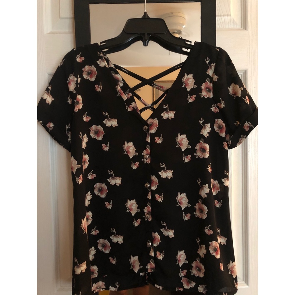 Black Flower Print V-neck Blouse